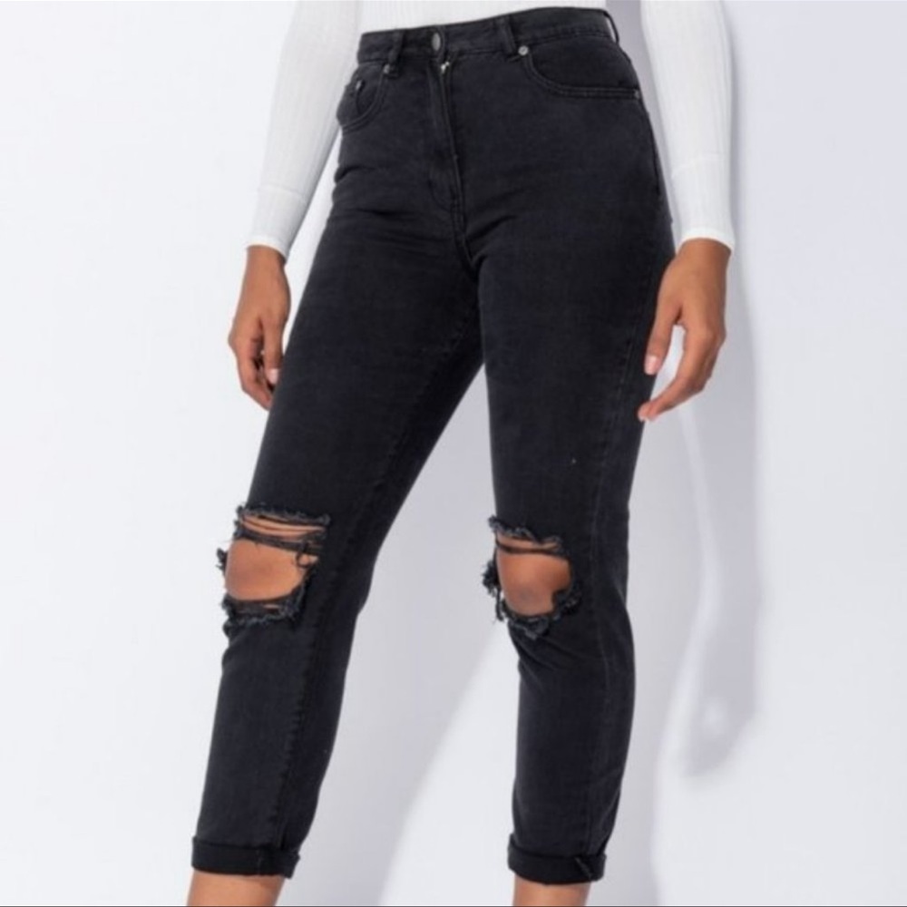 Black High Waist Ripped Distressed Cuffed Boyfriend Jeans Denim Pants - Picture 9 of 9